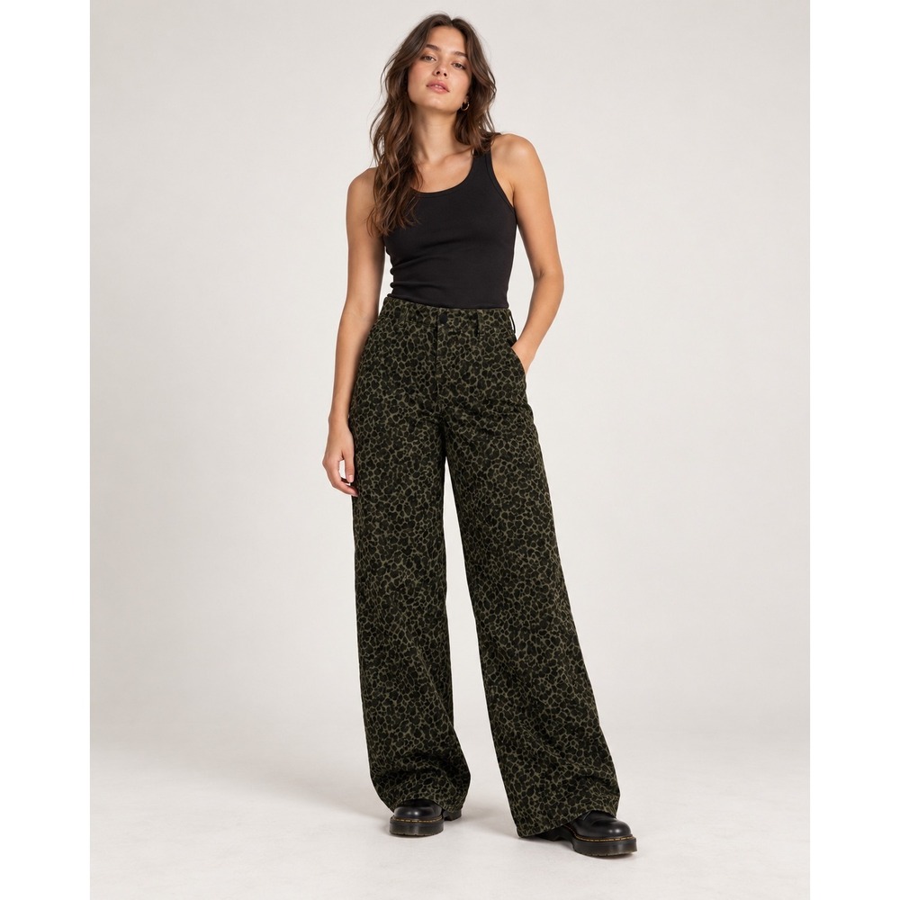 Democracy Ab-solution Wide Leg Pants 6 Olive Green Leopard Corduroy